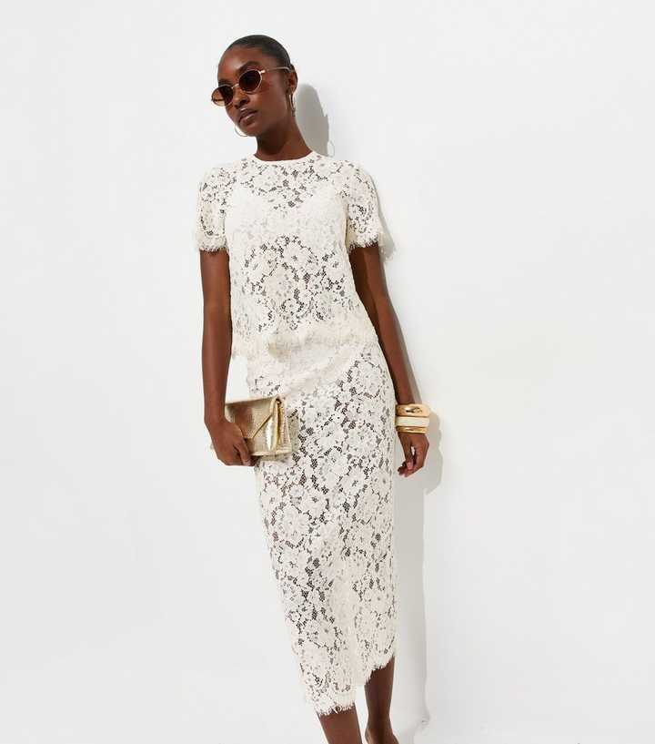 Off White Lace Midi Skirt