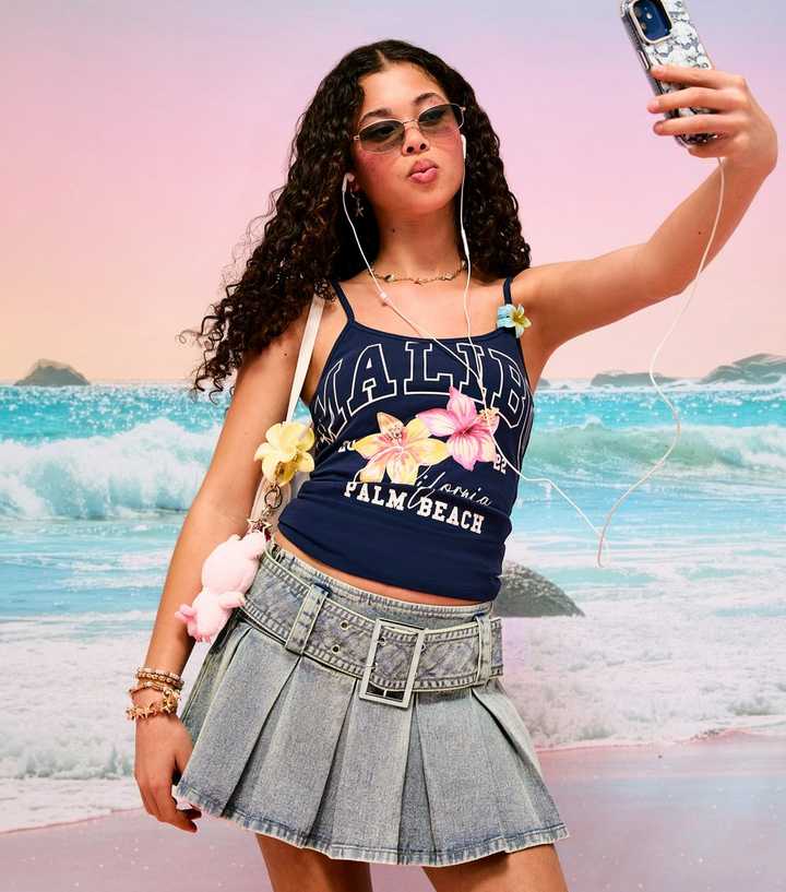 Girls Blue Rectangle Buckle Pleated Denim Skort