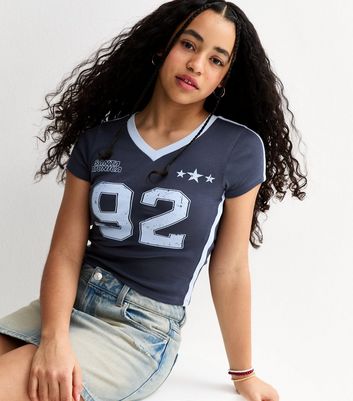 Girls Navy 92 Santa Monica Print Fitted Football Top
