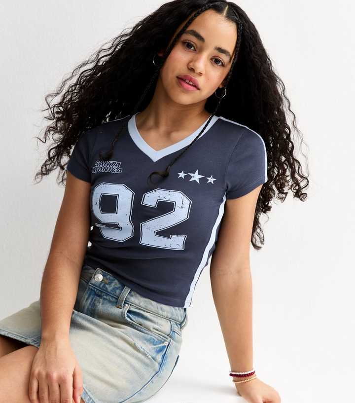 Girls Navy 92 Santa Monica Print Fitted Football Top