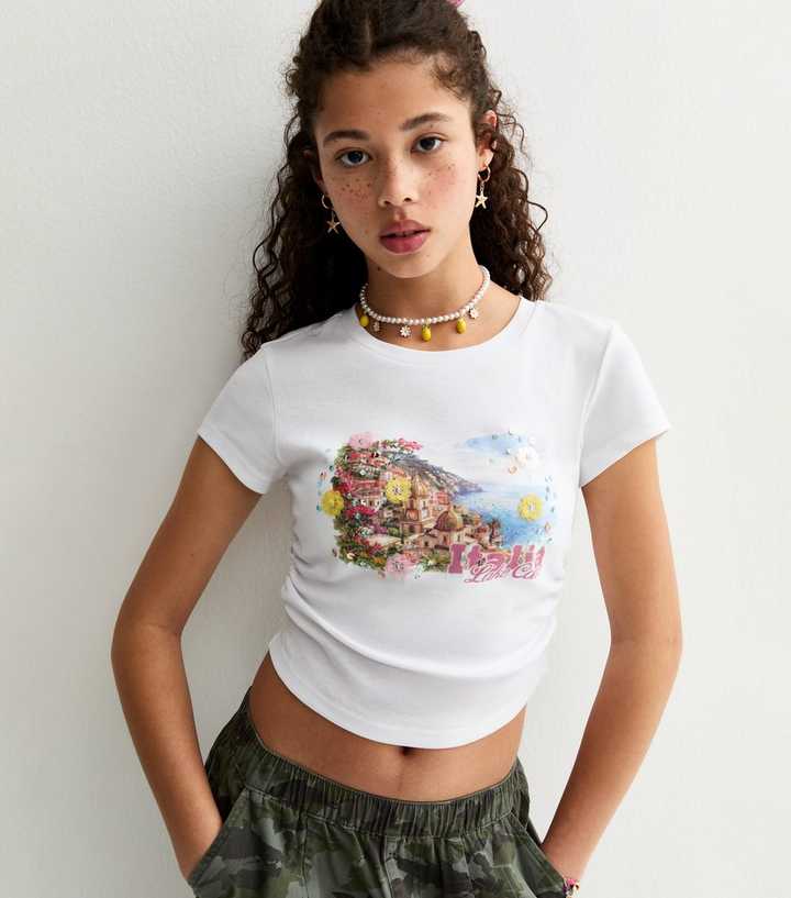 Girls White Italia Lake Como Embellished Cropped T-Shirt