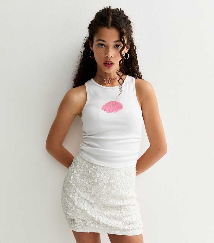 Girls White Beaded Shell Racer Back Ruched Side Vest