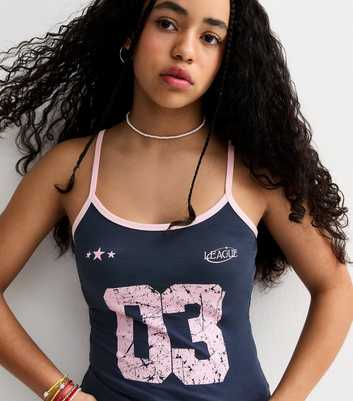 Girls Navy 03 League Print Contrast Trim Vest Top