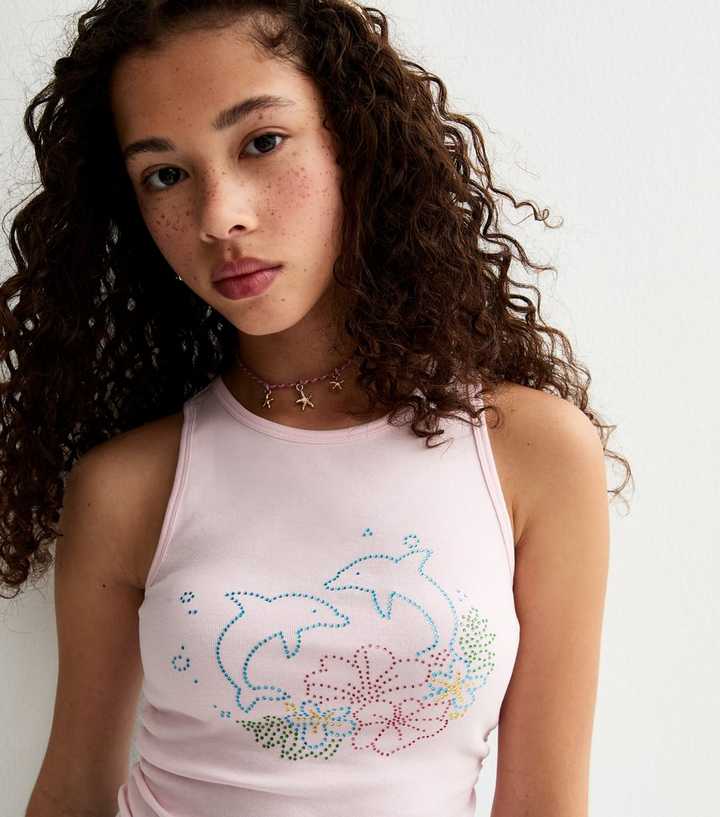 Girls Light Pink Dolphin Embellished Ruched Side Vest