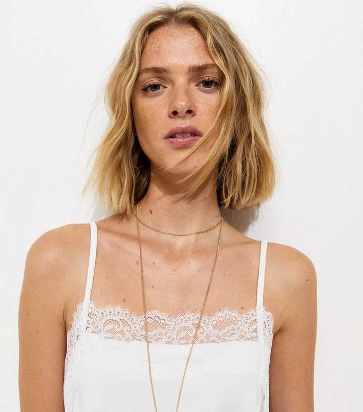 Off White Longline Lace Trim Cami Top