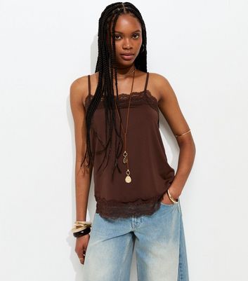Dark Brown Longline Lace Trim Cami Top | New Look
