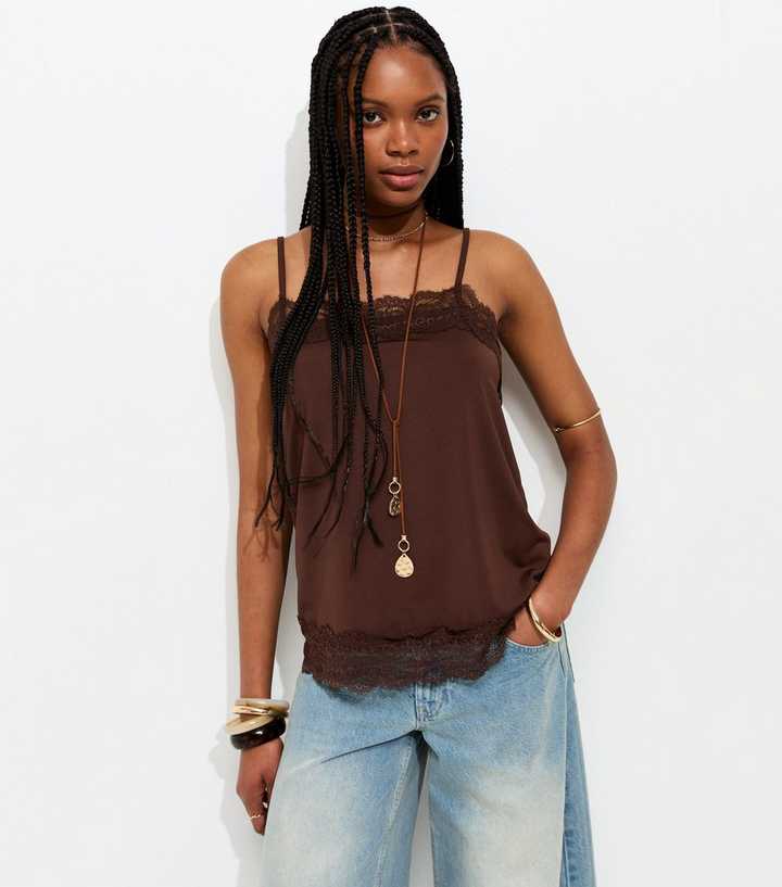 Dark Brown Longline Lace Trim Cami Top