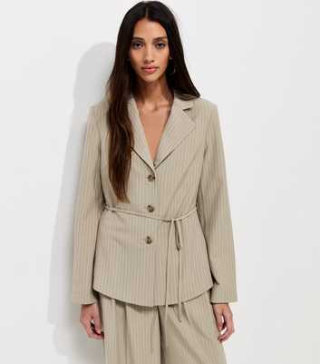 Brown Soft Touch Striped Tie Waist Blazer