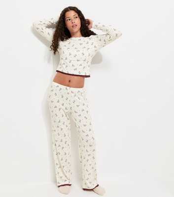 Girls Cream Jersey Lace Trim Bow Print Pyjama Set