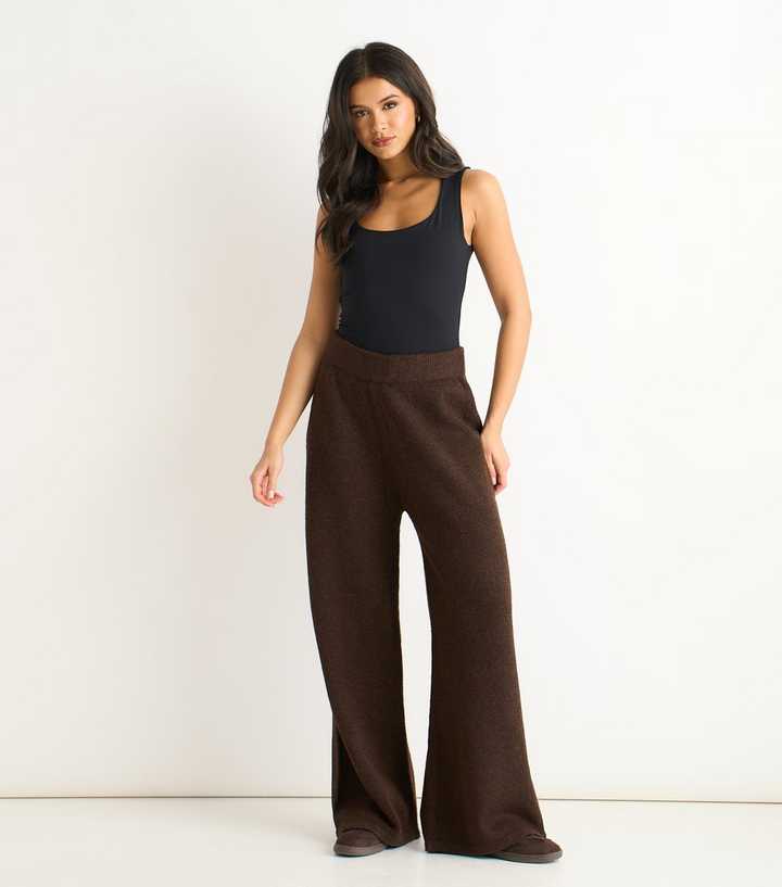 Gini London Dark Brown Brushed Knit Wide Leg Trousers