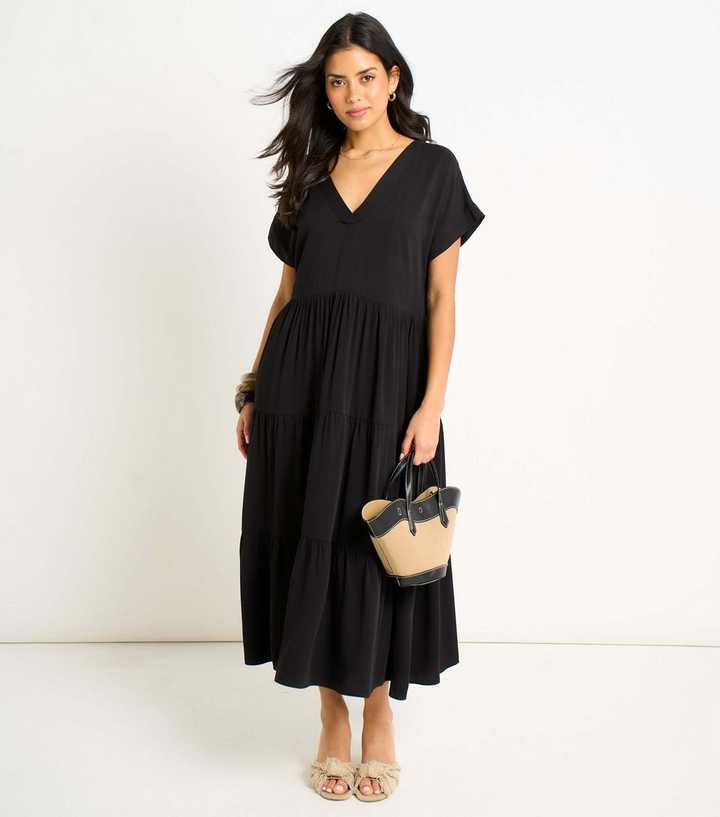 Gini London Black V Neck Smock Midi Dress 