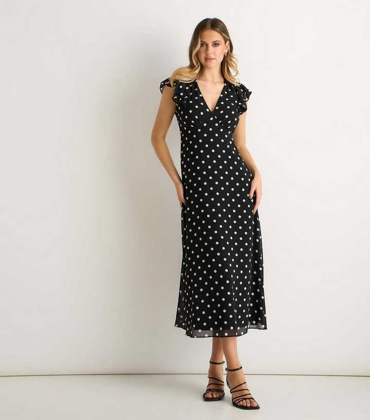 Gini London Black Polka Dot V-Neck Skater Midi Dress