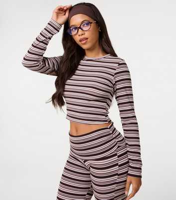 Pink Vanilla Brown Striped Cropped Long Sleeve Top