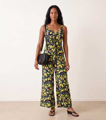 Blue Vanilla Light Yellow Lemon Print Bow Jumpsuit