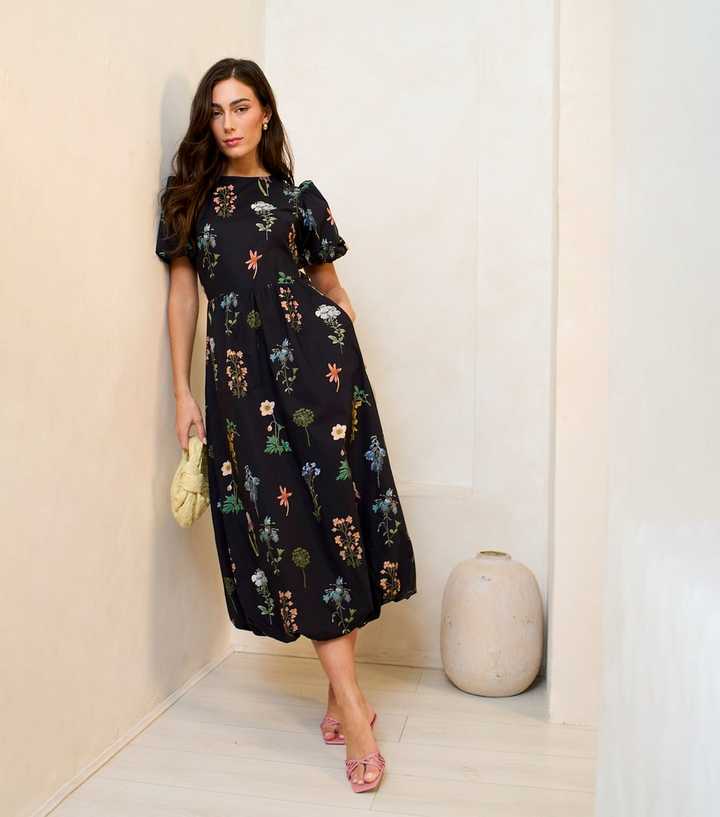 Gini London Navy Floral Print Puff Ball Midi Dress