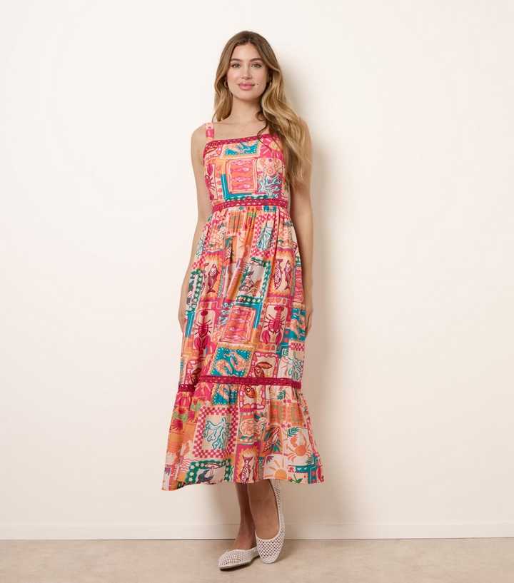 Blue Vanilla Orange Postcard Print Midi Dress