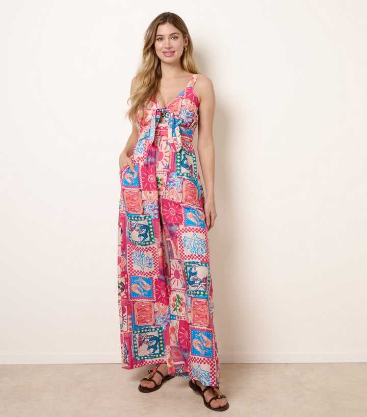 Pink Vanilla Pink Postcard Print Tie Front Jumpsuit
