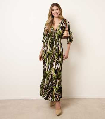Blue Vanilla Green Abstract Shirred Maxi Dress