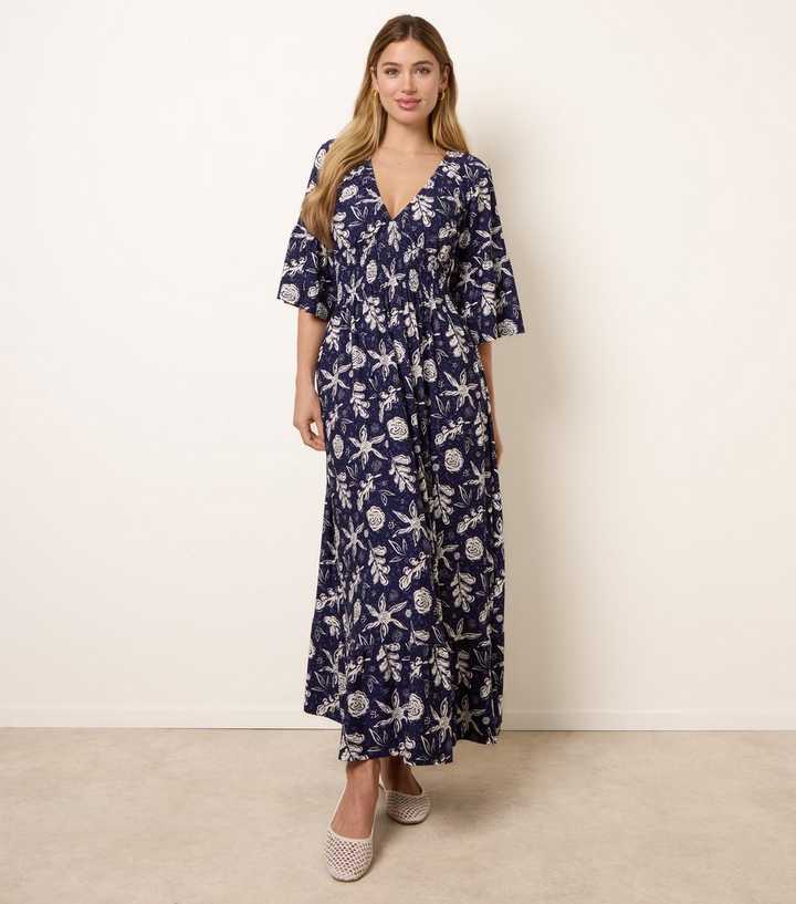 Blue Vanilla Navy Floral Shirred Maxi Dress