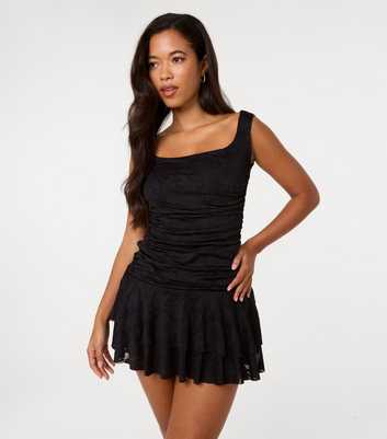 Pink Vanilla Black Ruched Square Neck Mini Dress