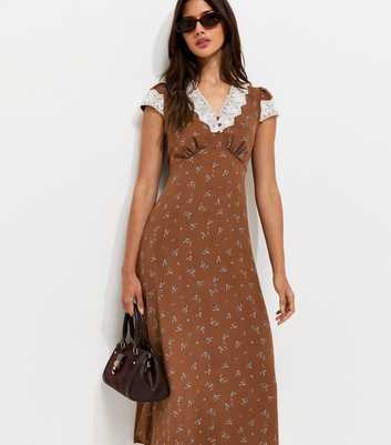 Brown Ditsy Print Lace Trim Midi Tea Dress