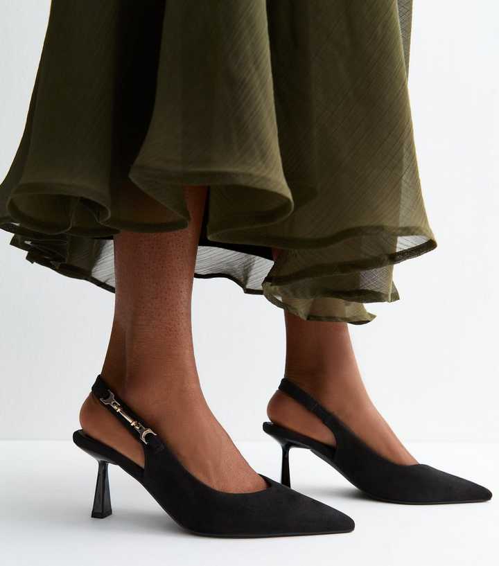 Black Faux Suede Horsebit Detail Slingback Pumps