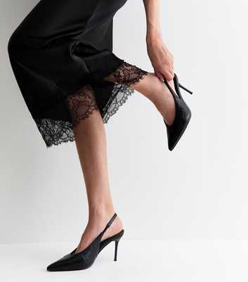 Black Faux Leather Crocodile Embossed Pointed Toe Slingback Heels