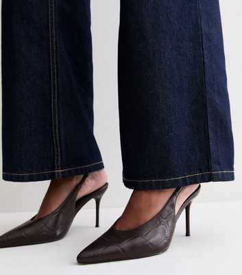 Dark Brown Faux Leather Crocodile Embossed Pointed Toe Slingback Heels