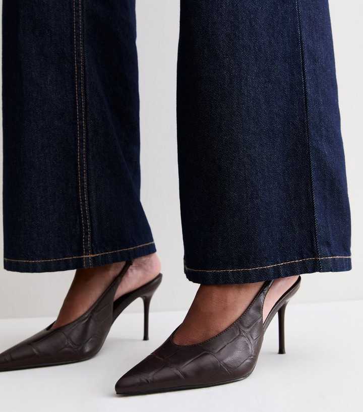 Dark Brown Faux Leather Crocodile Embossed Pointed Toe Slingback Heels