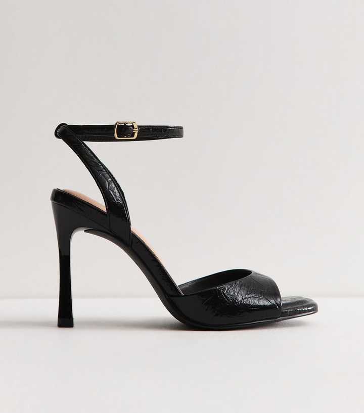 Black Patent Faux Leather Open Toe Stiletto Sandals