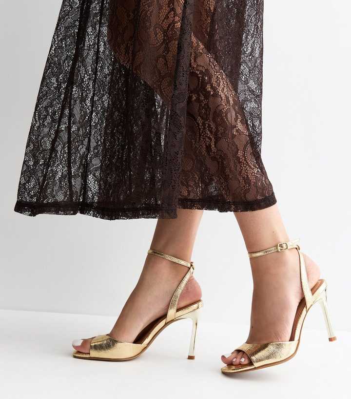 Gold Faux Leather Open Toe Stiletto Sandals