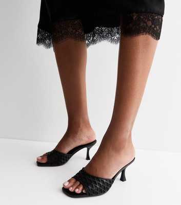 Black Faux Leather Mesh Lattice Stiletto Mules