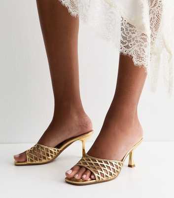 Gold Faux Leather Mesh Lattice Stiletto Mules