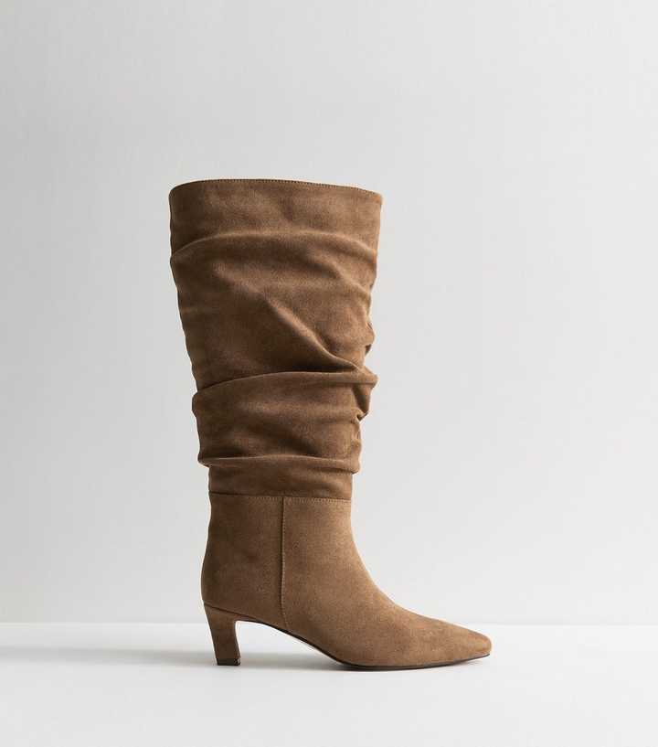 Camel Faux Suede Ruched Knee High Boots