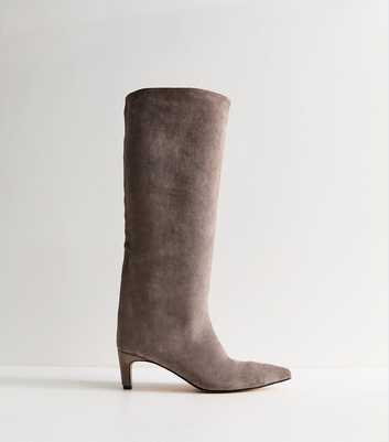 Grey Faux Suede Kitten Heel Knee High Boots