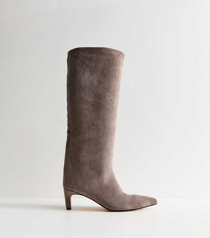 Grey Faux Suede Kitten Heel Knee High Boots