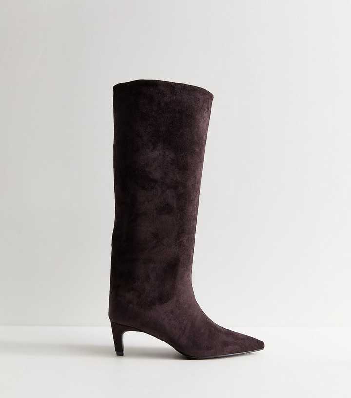 Dark Burgundy Faux Suede Kitten Heel Knee High Boots