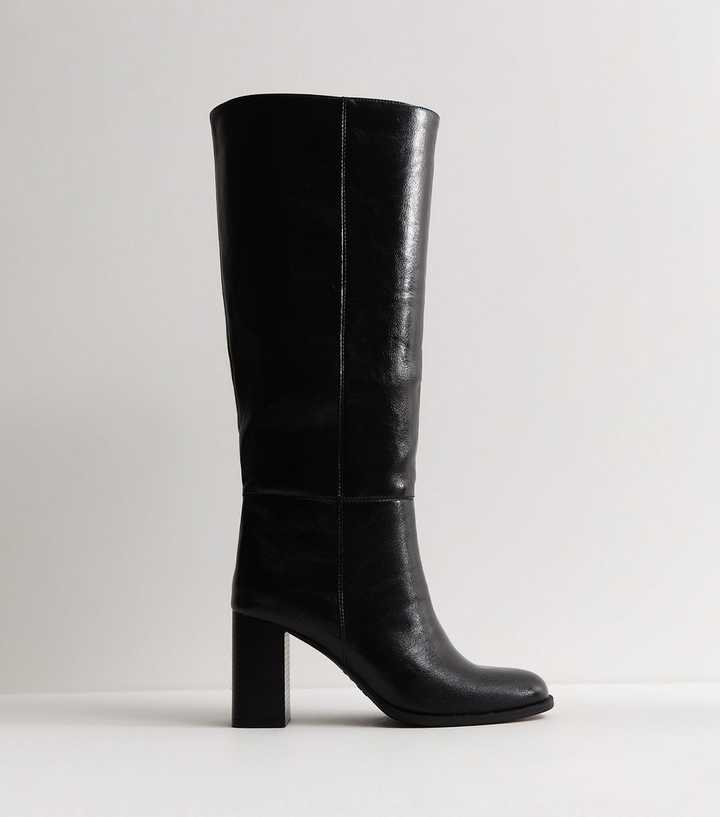 Black Faux Leather Pull On Heeled Knee High Boots