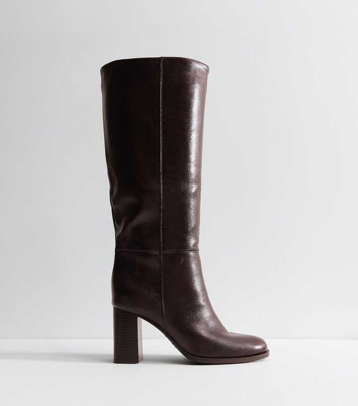 Dark Burgundy Faux Leather Pull On Heeled Knee High Boots