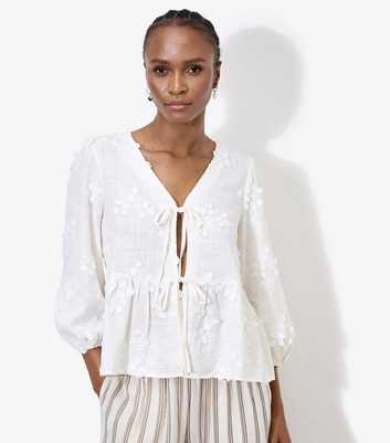 Apricot White Floral Applique Tie Front Top