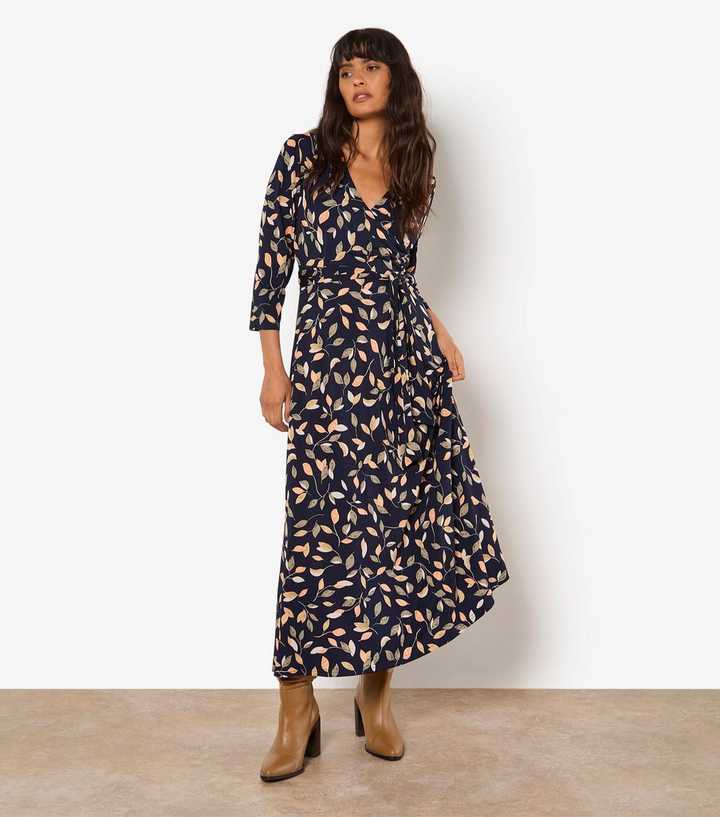Apricot Navy Leaf Print Maxi Dress