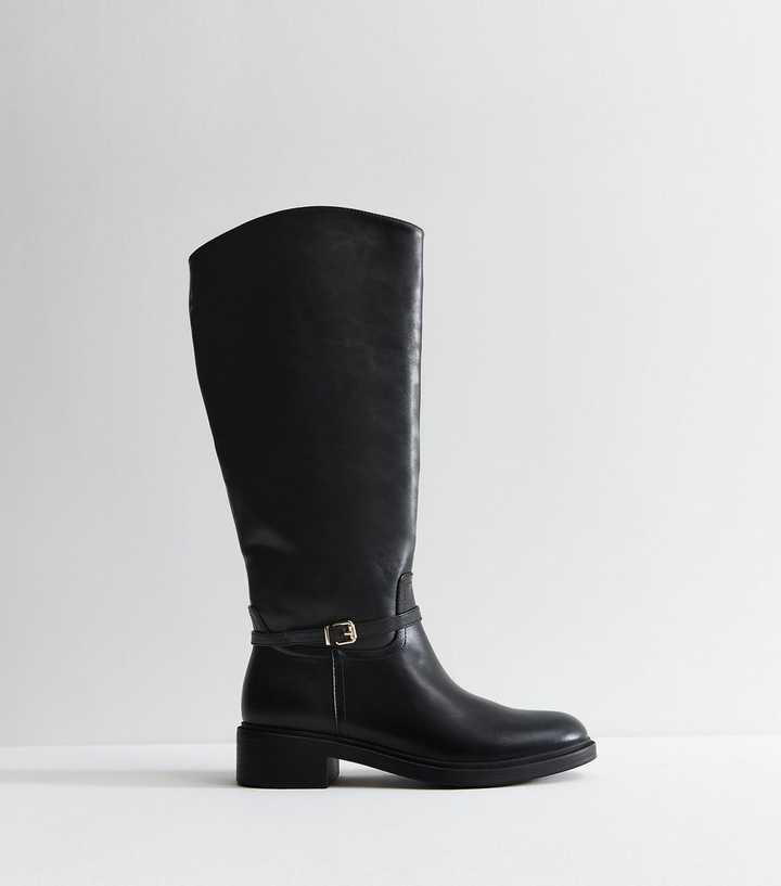 Black Faux Leather Buckle Strap Knee High Riding Boots