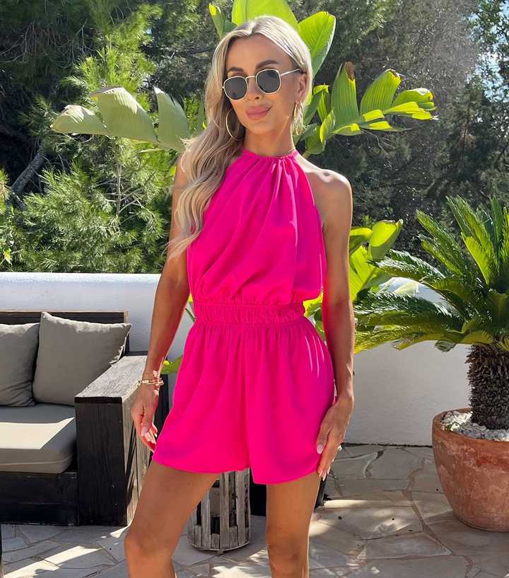 AX Paris Bright Pink Tie Back Racer Neck Playsuit