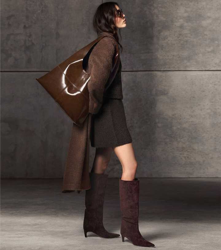 Dark Brown Faux Suede Slouchy Knee High Boots