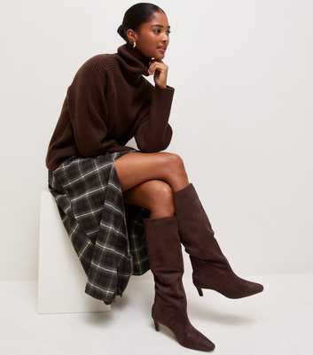 Dark Brown Faux Suede Slouchy Pointed Knee Boots