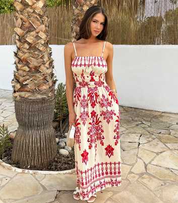 AX Paris Pink Boho Floral Print Strappy Shirred Midi Dress