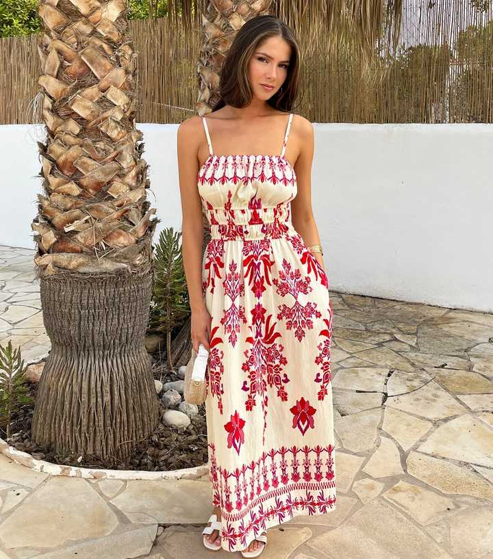 AX Paris Pink Boho Floral Print Strappy Shirred Midi Dress