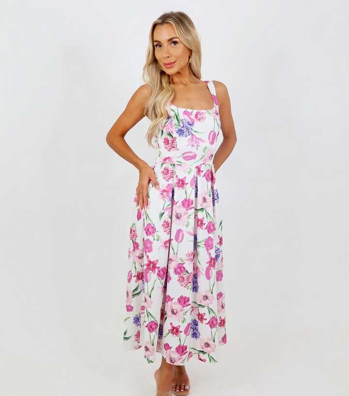 AX Paris Pink Floral Print Square Neck Midi Dress