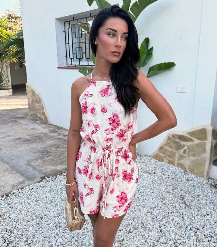 AX Paris Pink Floral Print Racer Neck Drawstring Playsuit