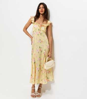 Yellow Floral Print Ruffle Trim Satin Midi Dress